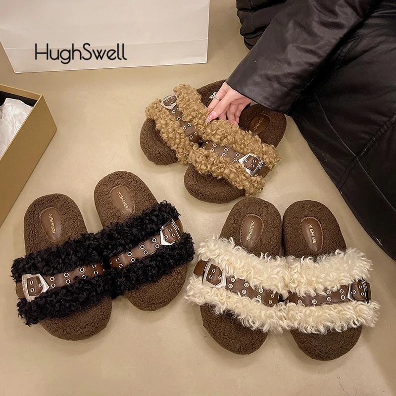 

Luxury Lambswool Slide Shoes Woman Thick Sole Buckle Belt Plush Slippers Ladies Winter Curly Teddy Fur Platform Mule Sandals