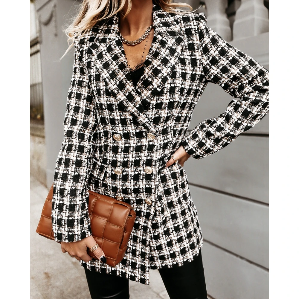 Autumn Women Plaid Tweed Nothched Collar Blazer Coats Femme Elegant Winter Double Breasted Long Sleeve Outwear Clothing