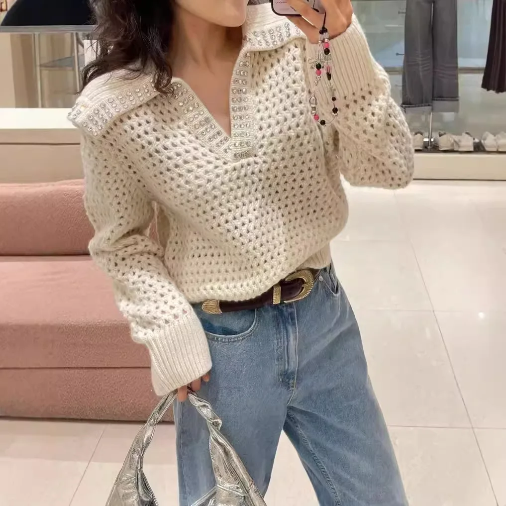 Pullover for Women 2024 New Autumn Winter Diamond Design Hollow Out Sailor Collar Loose Casual Long Sleeve Sweater