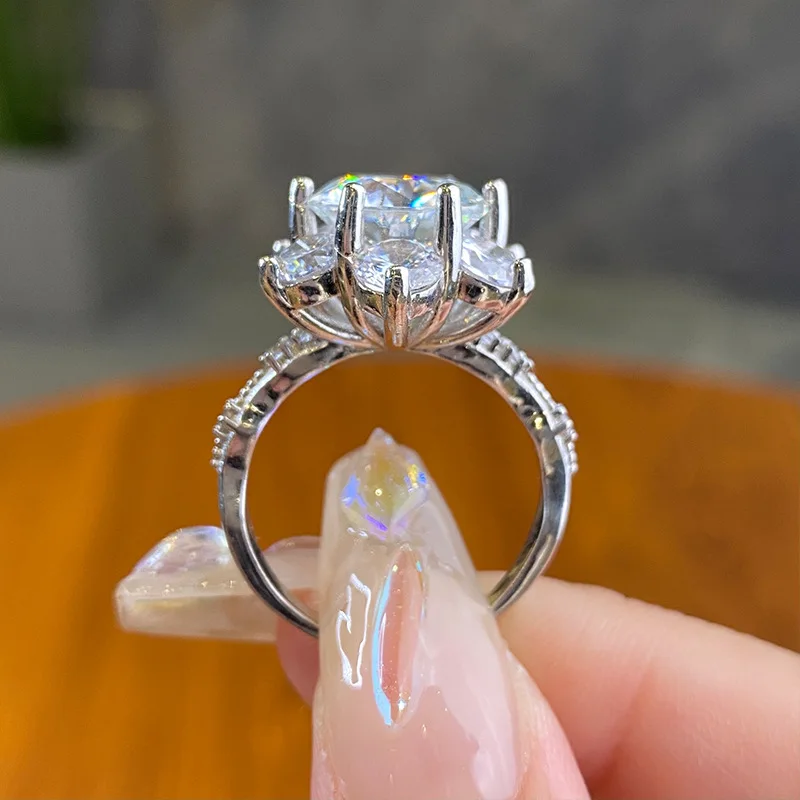 S925 Rhodium Plated Silver 5CT D Color Oversized Moissanite Sunflower Ring for Women, Engagement Proposal Jewelry