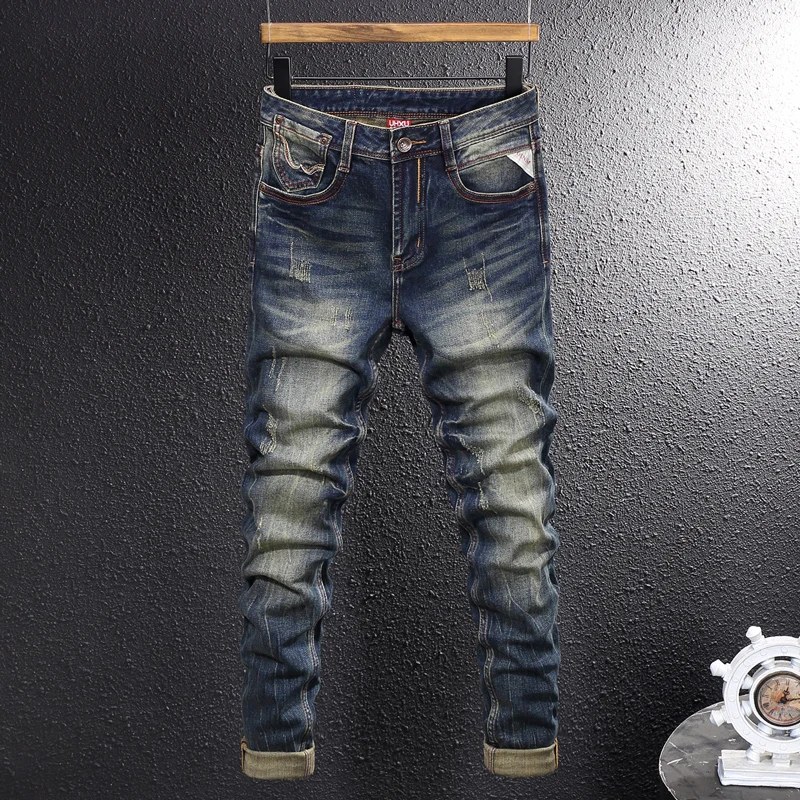

Модельер Мужские Джинсы Высокого Качества Ретро Синие Стрейч Slim Fit Рваные Джинсы Мужские Вышивка Винтаж Y2K Джинсовые Брюки Hombre