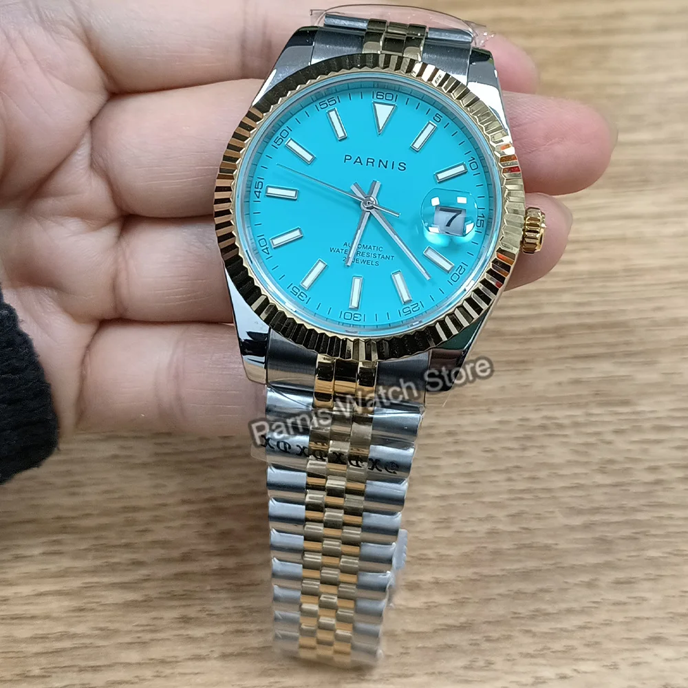 Parnis 39.5mm Gold Color Bezel Japan Miyota8215 Automatic Movement Blue Dial Luminous Marker Men's Wristwatch