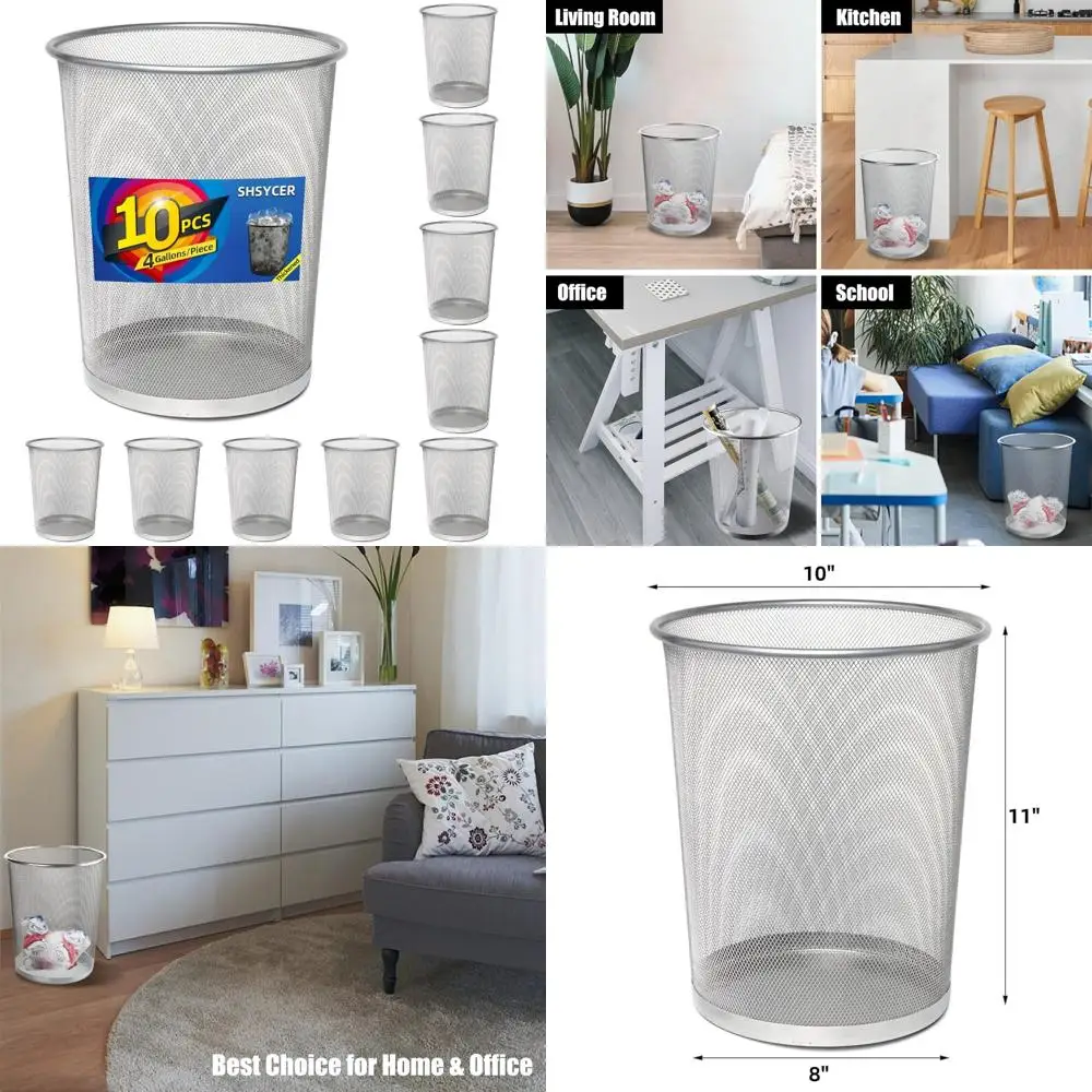 

4 Gallon Silver Mesh Trash Cans, 10 Pack, Metal Wire Wastebaskets, Office Recycling, Silver Mesh Waste Baskets for Efficient Was