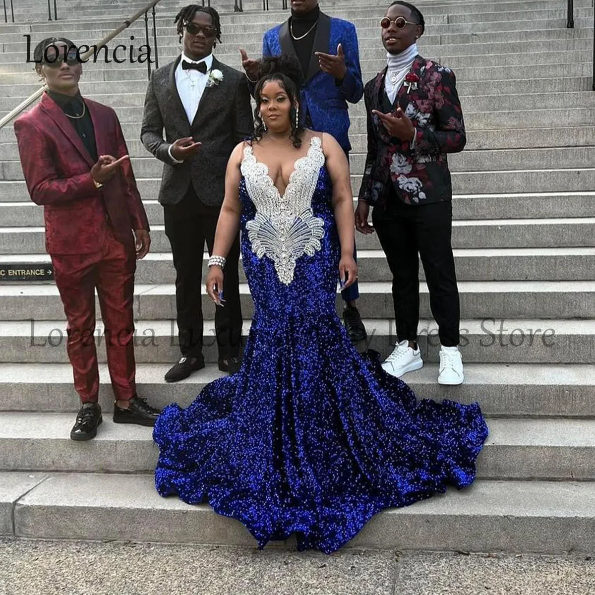 Sparkly Crystal Royal Blue Mermaid Prom Dresses For Black Girls Beads Diamonds Sequins Party Gown Plus Size vestidos de gala