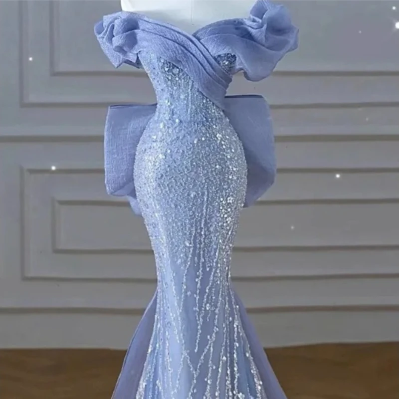 Vestido alto feminino fora do ombro azul vestido de noite luz luxo nicho sereia lantejoulas anfitrião elegante festa