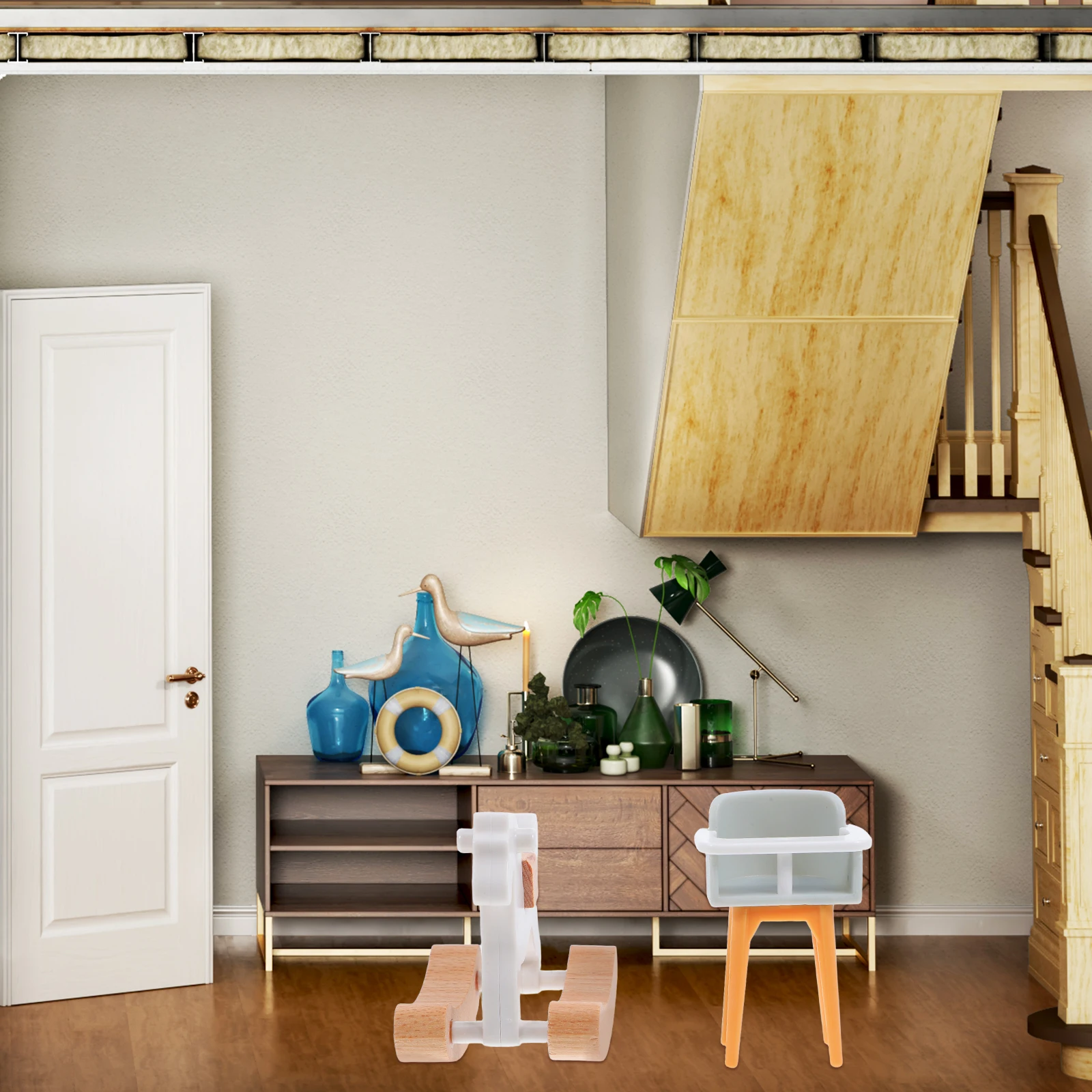 

Play Furniture Playset for Pretend Bedroom Accessories Crib and Wood Mini Slide