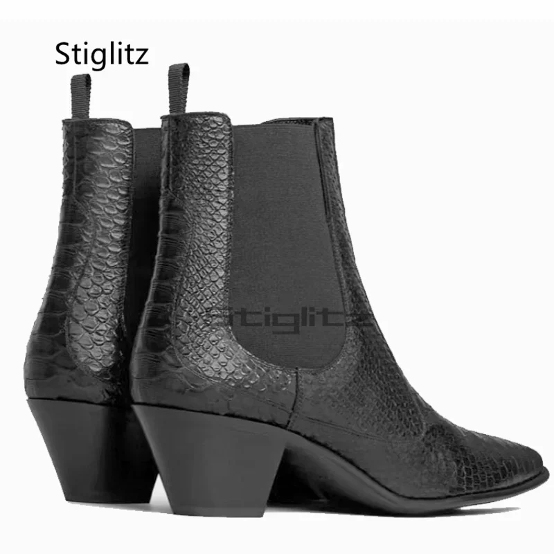 Snake Pattern Chelsea Boots for Men Pointy Toe High Heels Genuine Leather Ankle Boots Business Men's Boots Trendy Handmade Shoes