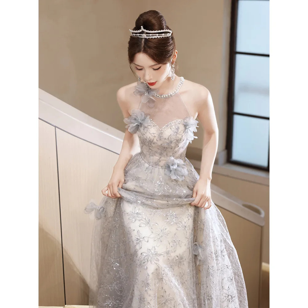 

Изысканное вечернее платье для взрослых, роскошное, элегантное, для выступлений, экзаменов по вокалу, высококачественное, с эффектом «сладкого шёлка», средней длины, с завышенной талией