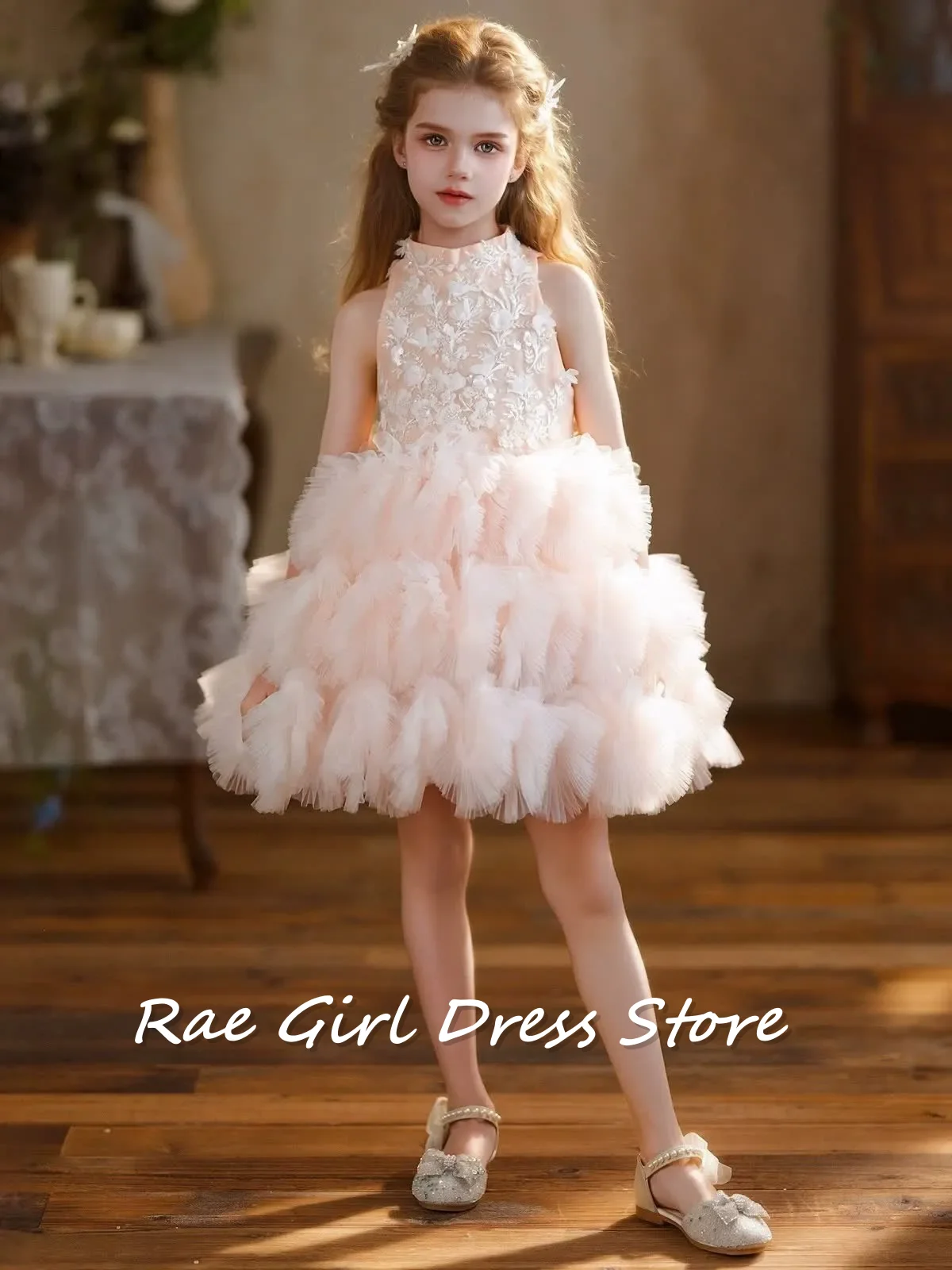 Girls' Pink Princess Style Puffy Tulle Evening Gown Piano Performance Outfit Lightweight Luxury Children's Hostess Dress