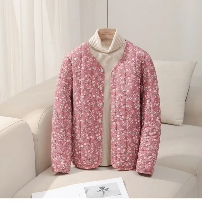 2026 Autumn/Winter New Middle Aged Mom's Retro Printed Cotton And Linen Thickened Jacket Warm Quilted Women Coat