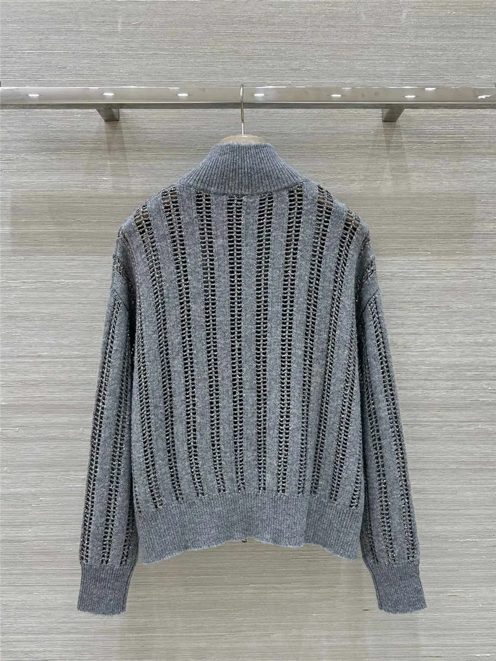 24 Women\'s Cashmere Beaded Hollow Cardigan Sweater High Collar Temperament Knitted Long-Sleeved Top