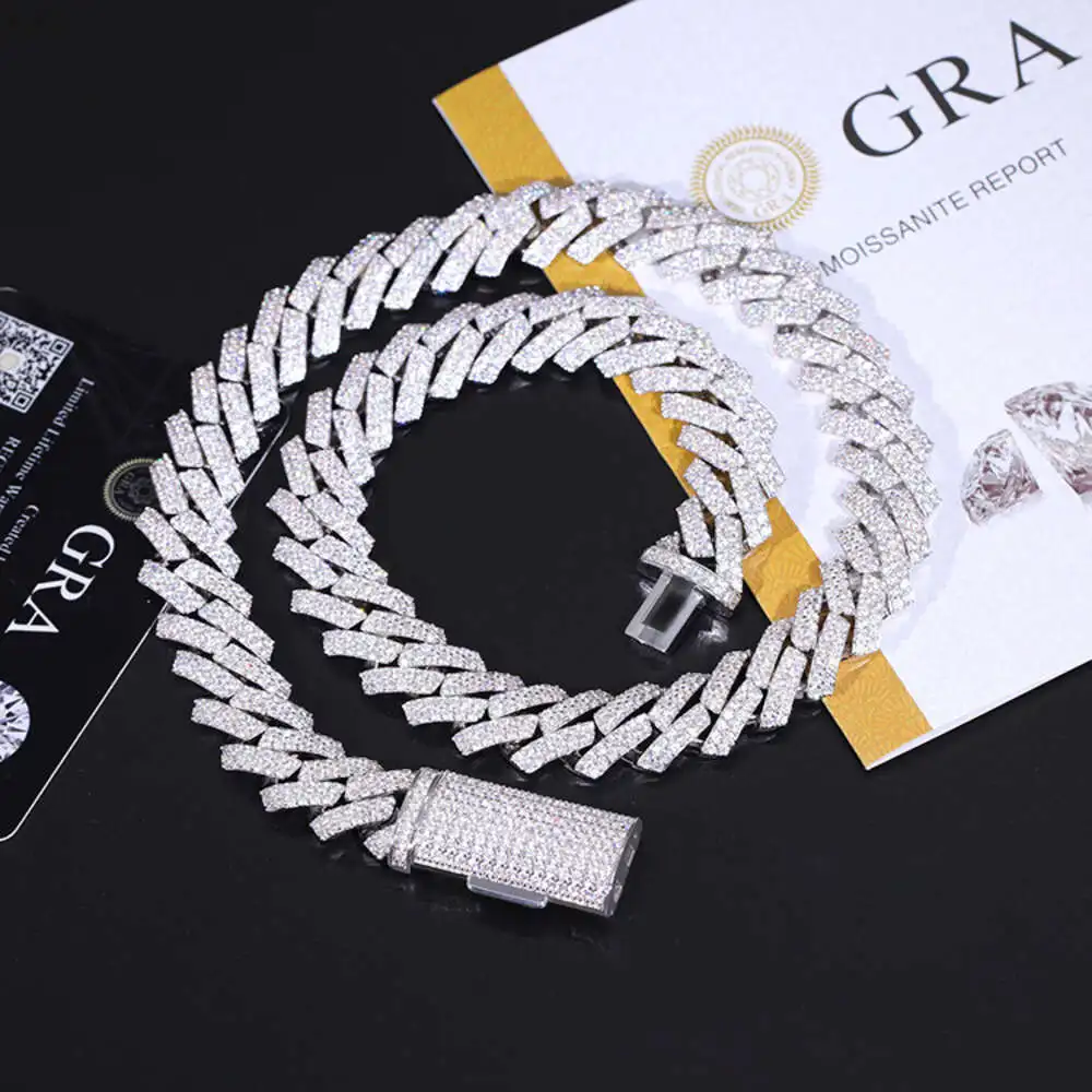 Yu Ying Jewelry Solid Silver Pass Diamond Tester Vvs Moissanite Chian 2rows 15mm Wide Men Cuban Link Chain