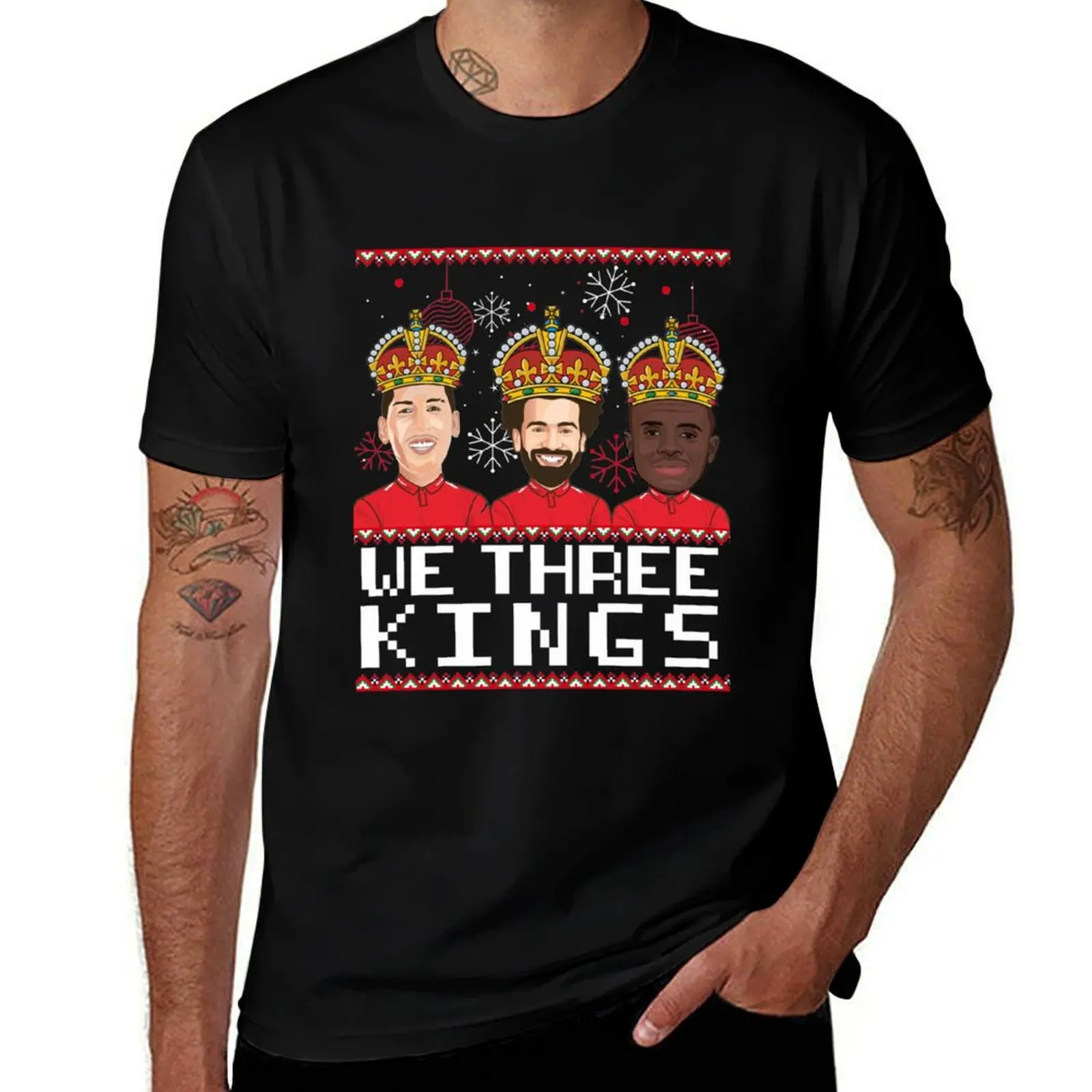 

Ugly Christmas Sweater We Three Kings Liverpool Football Bobby Firmino Mo Salah Sado Mane T-Shirt