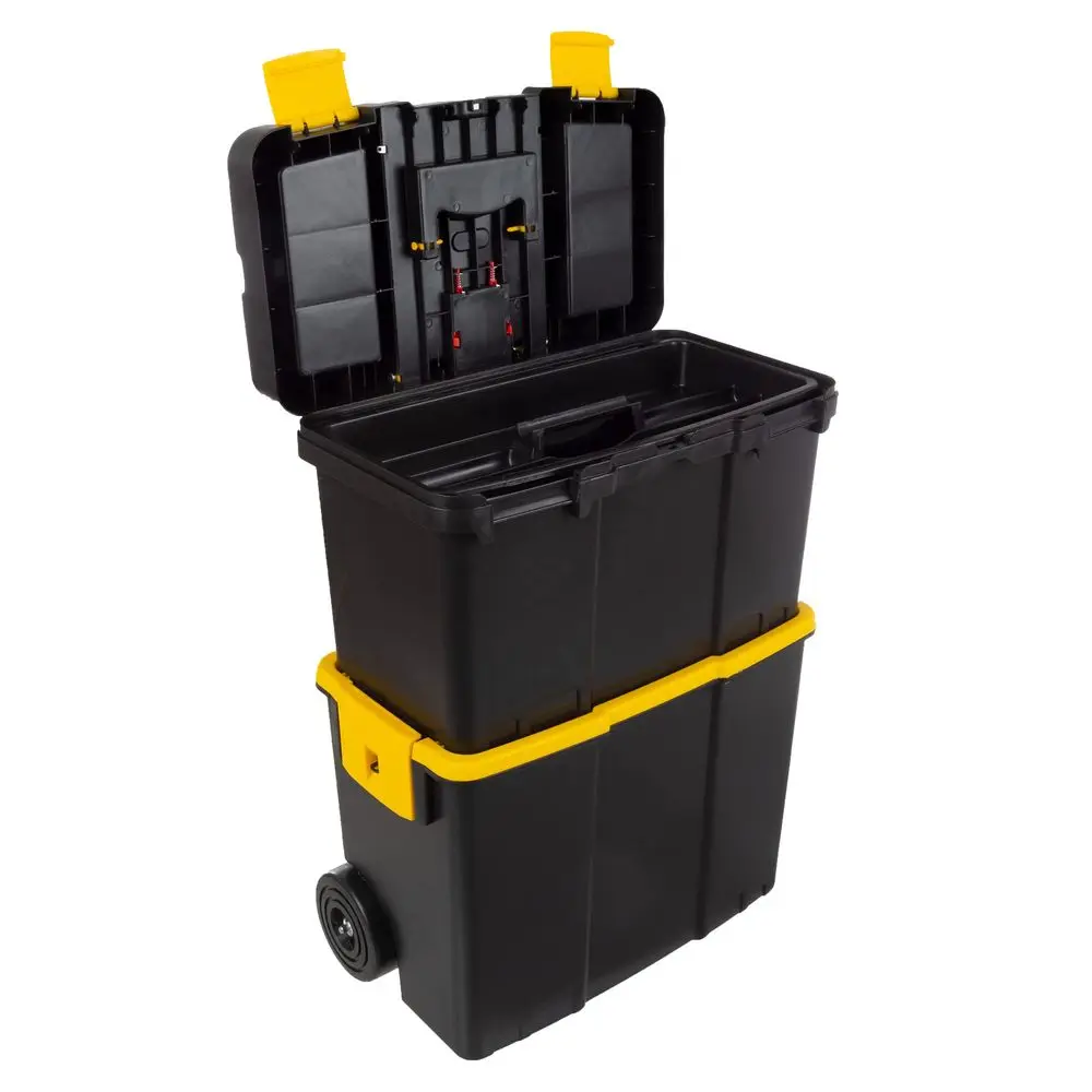 

Tool Box with Wheels Stackable 2in1 Tool Chest with FoldDown Comfort Handles, Tough Latches, and Removable Storage Trays by