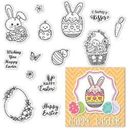1Sheet Easter Clear Stamps for Card Making Easter Bunny Egg Basket Clear Stamps Rubber Scrapbooking Stamps for Card Making DIY
