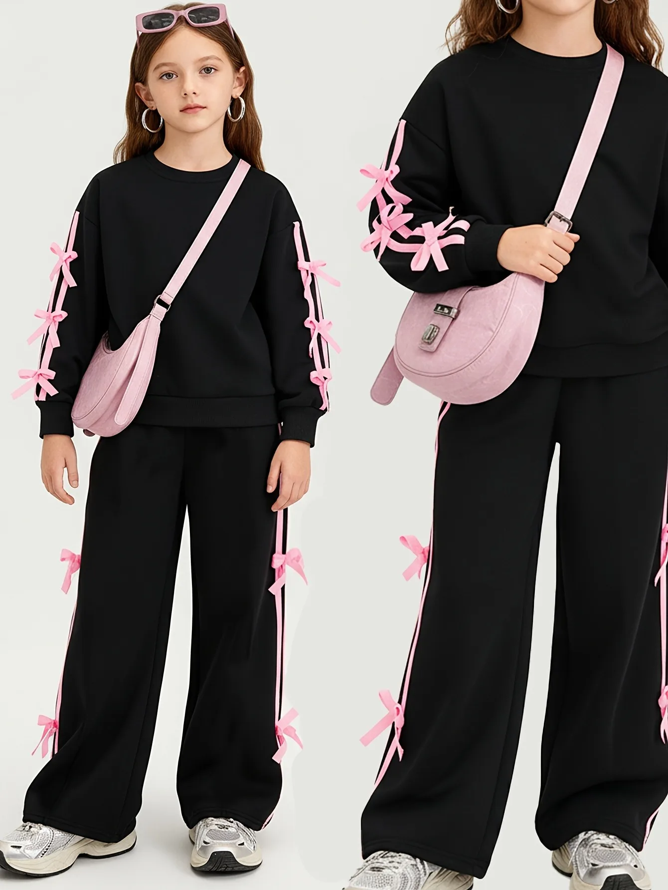 Kids Girls Two Piece Outfit Set, Bow Ribbon Decor Long Sleeve Top Elastic Waist Wide Leg Sweatpants for Holiday Outdoor Wear