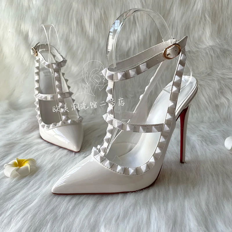 Duży rabat 2025 New Brand Designer Pure White Patent Two Stud Straps Women Lady Hot Small Plus Size 45 High Heel Slingback