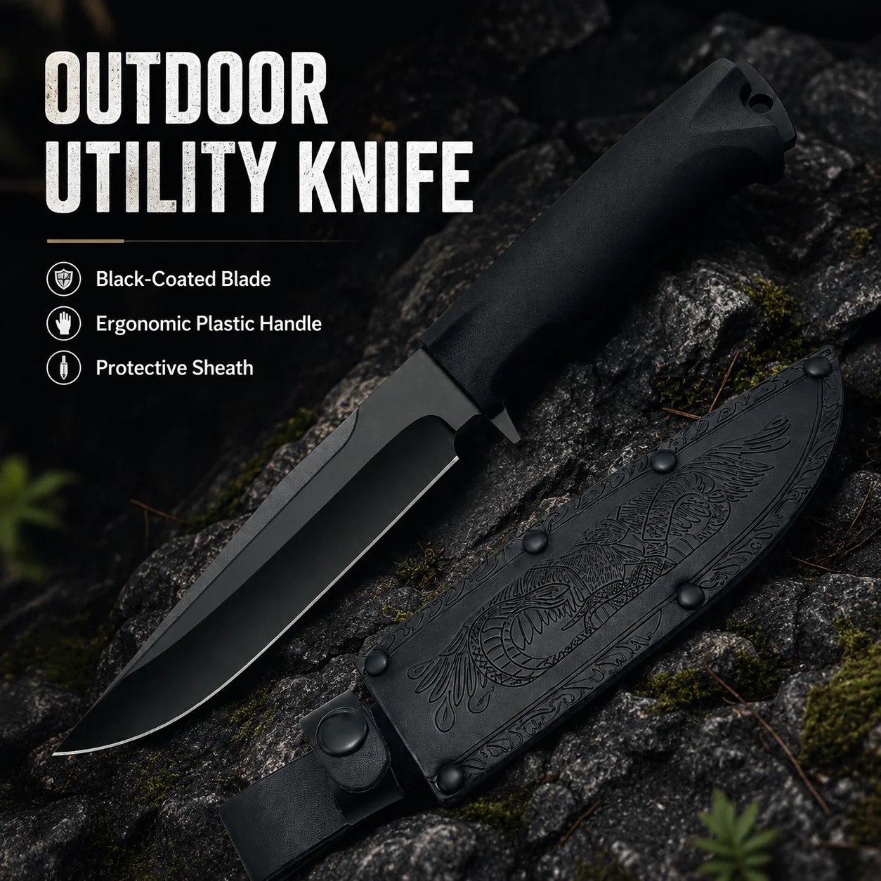 Cuchillo Utilitario de Hoja Fija de 29 cm para Exteriores con Mango Ergonómico de Plástico, Hoja con Recubrimiento Negro y Funda con Relieve para Camping