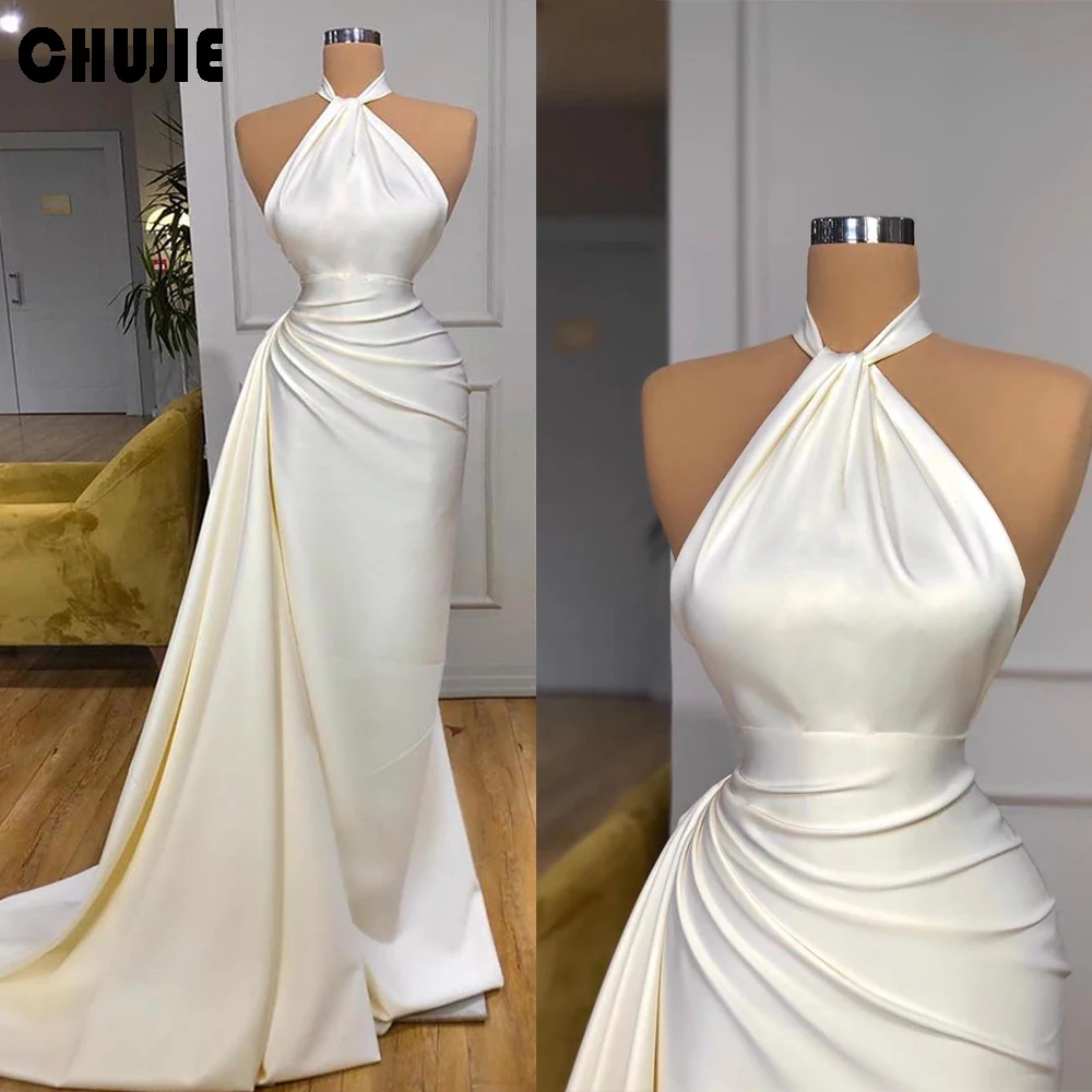 Halter Neck Mermaid Long Wedding Dresses A Line Bright Satin Appliques Bridal Gowns Customized Bride Dress Vestido de novia