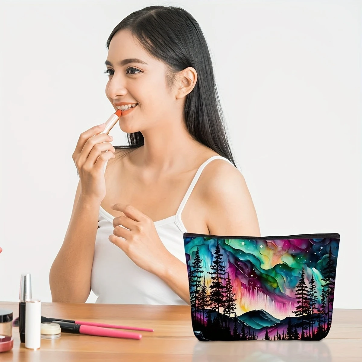 1pc Fabric Cosmetic Bag with Northern Lights Forest Print, Aurora Borealis Toiletry Pouch for Travel