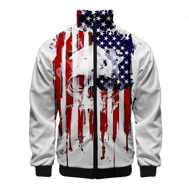 USA Flag American Stars And Stripes 3D Stand Collar Jackets Men Women Zipper Jacket Casual Long Sleeve Jacket Coat Clothes Male