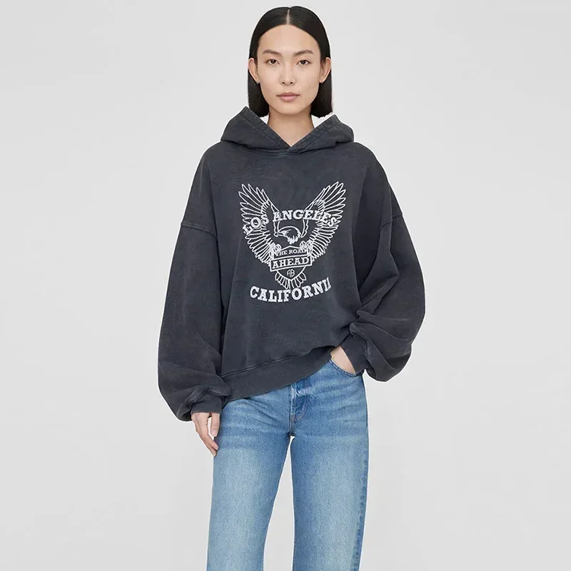 

North American AB Classic Hooded Sweatshirt for Women with Eagle Print in Vintage Washed-out Grey