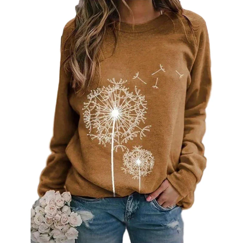 European and American autumn and winter new women\'s dandelion printed round neck long sleeved loose casual sweater