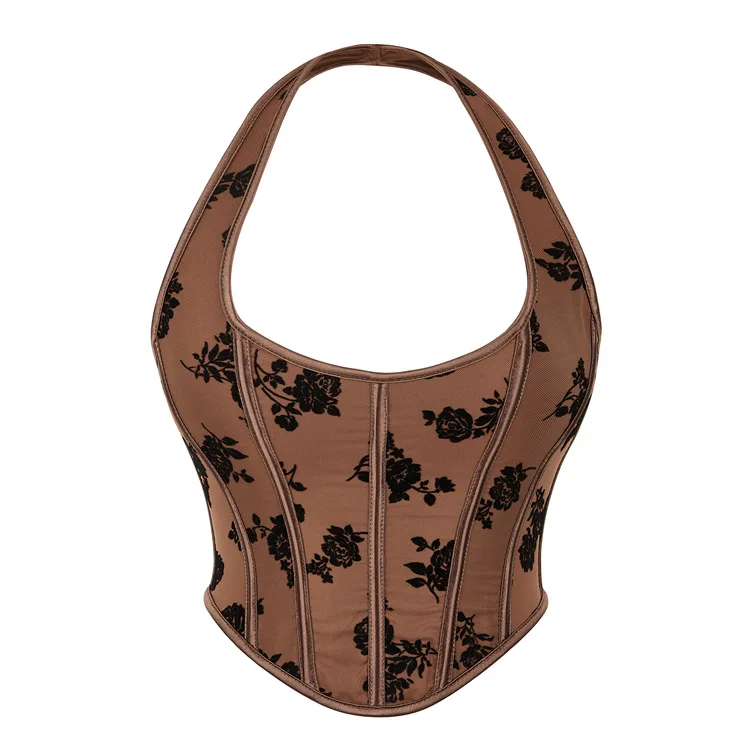 

Vintage Hanging Neck Corset for Women Satin Embroidery Overbust Corset Chest Support Shaping Underwear Brown Black Fashionable