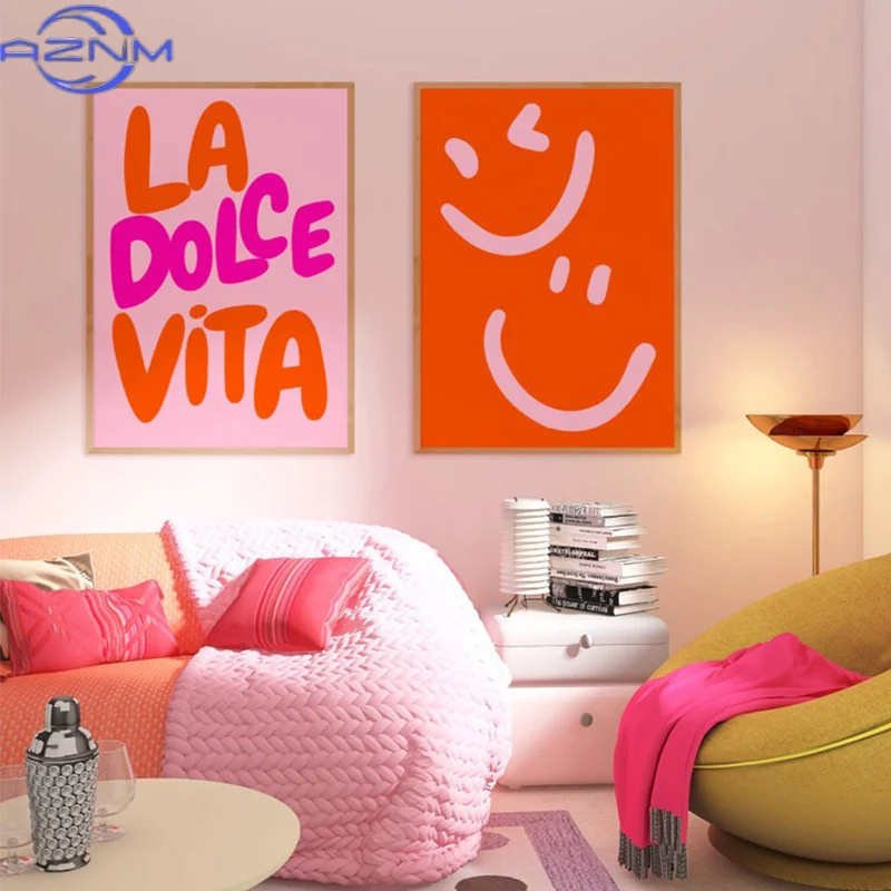 Póster AZNM con Cara Sonriente Rosa, Impresiones Preppy Naranjas, Arte de Pared Divertido, Pintura en Lienzo Estilo Preppy Universitario, Decoración Indie para Habitación