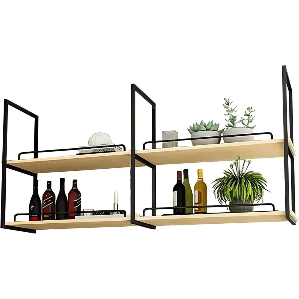 

Industrial Ceiling Mount Shelf, Kitchen Bar Storage Shelves with Black Metal Frame and 2 Wooden Boards, Wine Rack Hanging Wall S