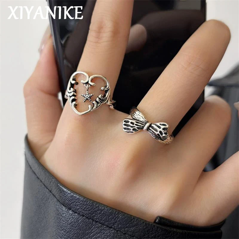 XIYANIKE Vintage Thai Silver Heart Star Bowknot Adjustable Finger Rings For Women Girl Fashion New Jewelry Gift Party Anillos