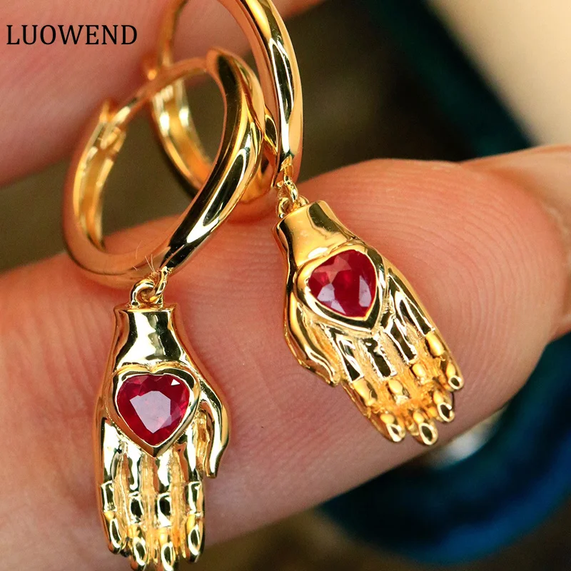 

Серьги-кольца LUOWEND из 100% 18-каратного желтого золота с натуральным рубином, милый дизайн, для женщин, для свадьбы и вечеринок, ювелирные изделия с драгоценными камнями
