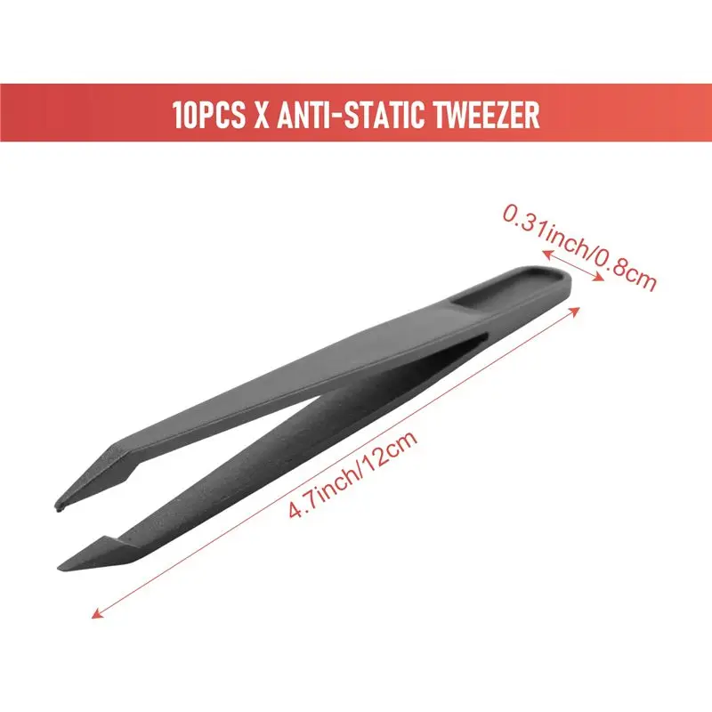 A77I Pinzetta antistatica con punta in plastica nera da 10 pezzi, lunghezza 12 cm
