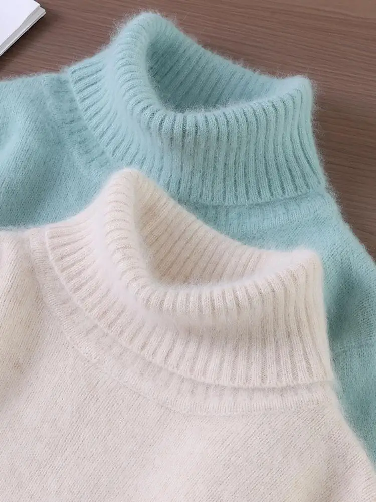 

100% Mink Cashmere Sweater Turtleneck Pullover Women's Long Fluff Brushing Knitwear Irregular Slit Hem Solid Tops Autumn Winter