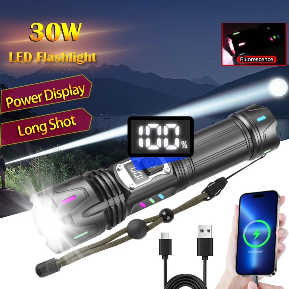 

Светодиодные фонарики высокой мощности 30 Вт, длинный тактический USB-зарядка для кемпинга, аварийная рыбалка, зум-фонарь с подсветкой дисплея