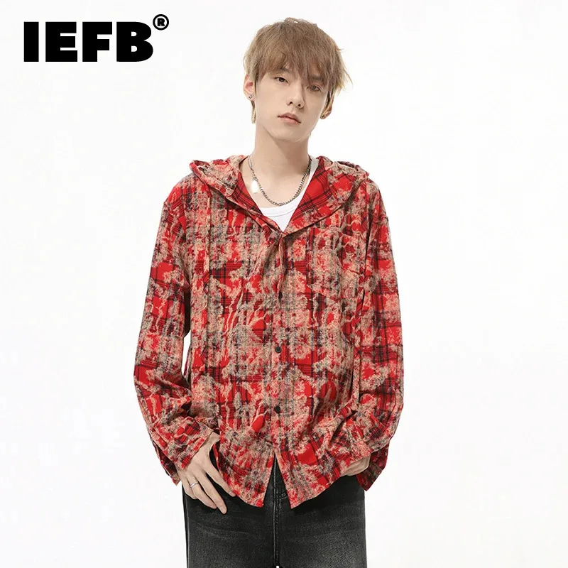 

IEFB Korean Style Men's Shirts Hooded Plaid Drawstring Contrast Color Tops New Trendy Loose Long Sleeve Pullover Menswear 9C8305