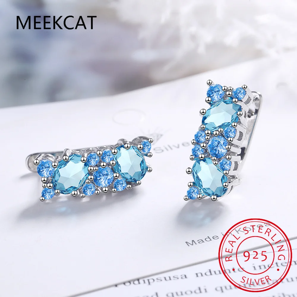 Oval Genuine Natural Blue Topaz 925 Sterling Silver Stud Earrings for Women Fashion Statement Gemstone Jewelry