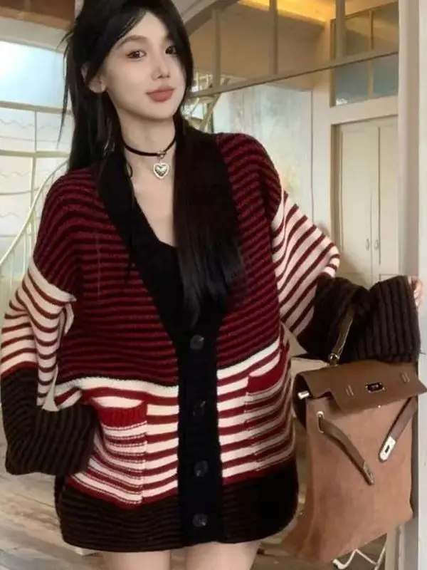 Retro Rot Gestreifte Gestrickte Offene Strickjacke Pullover Lose Lange Sve Farbe Blo Strickwaren Trendy Lazy Sle Damen Faion