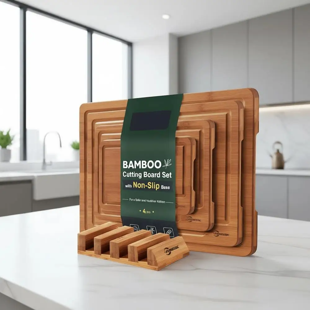 

4-Pack Carbonized Bamboo Cutting Boards with Non-Slip Stand and Over Sink Design for Durable Kitchen Use