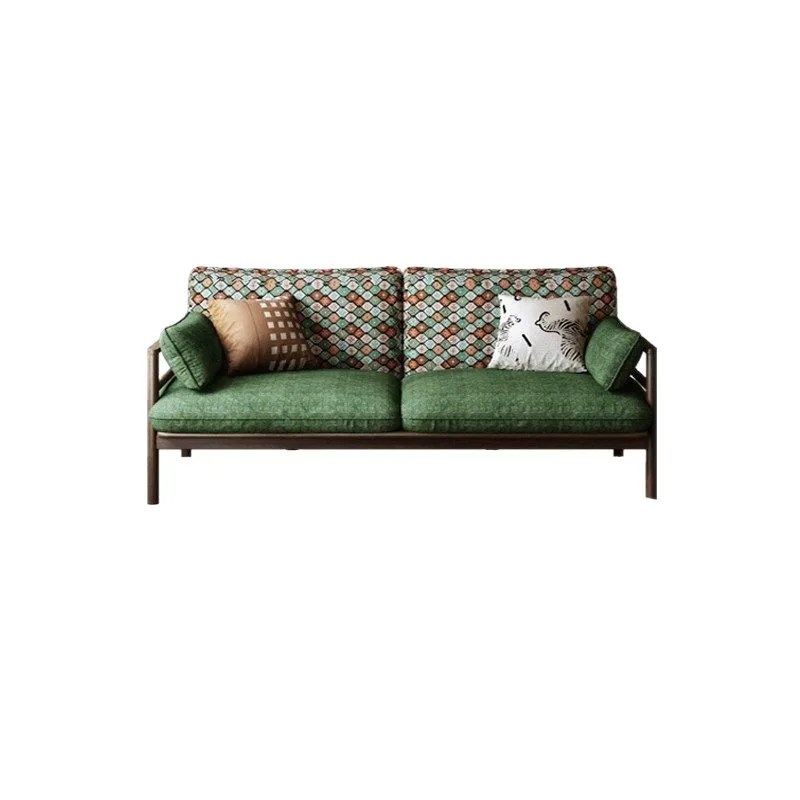 French retro green contrasting fabric sofa, Japanese log wind solid wood frame double triple sofa B & B straight