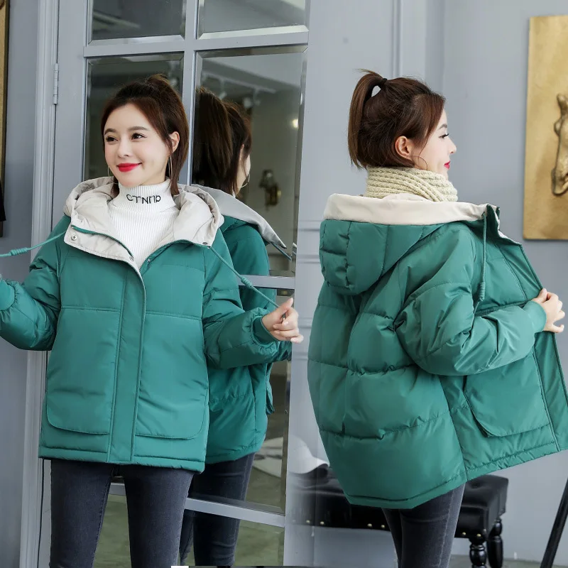 Women's Winter Jacket Cotton Padded Short Coat Ladies Students Long Sleeved Hooded Warm Outwear