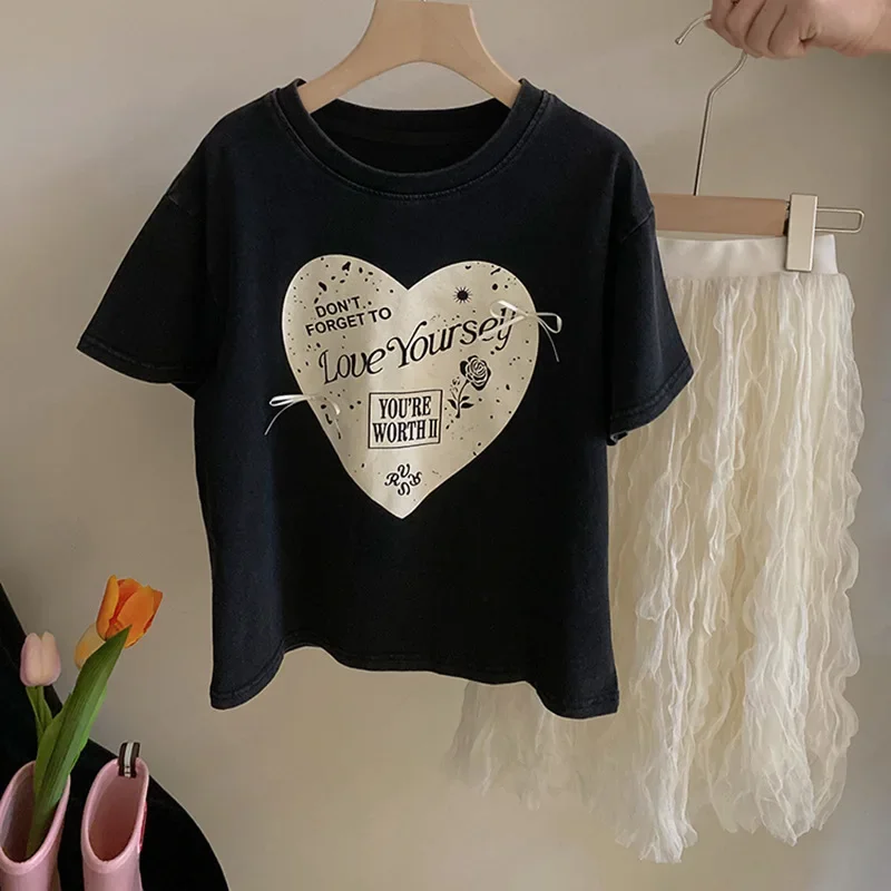 two pcs Skirt Retro Style Bow Knot Love Letter Short Sleeved T-shirt Summer New Fold Mesh Yarn 2024 Simple Childrens Clothing