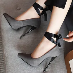 Brand Women's Heels Sexy Pointed Toe Classic Pumps Shoes Woman Straps Black Grey High Heels Party Office Shoes Large Size 45 47