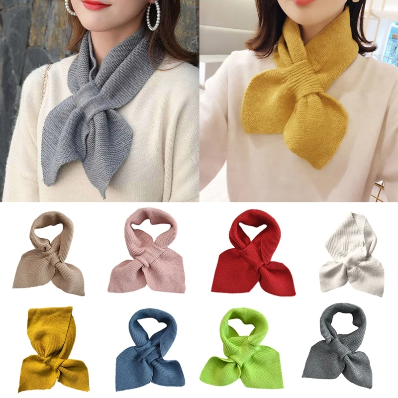 

Korean Women Knitted for Cross Collar Scarf Winter Thicken Warm Solid Color Crochet Loophole Neckerchief Sweet Bowknot Neck