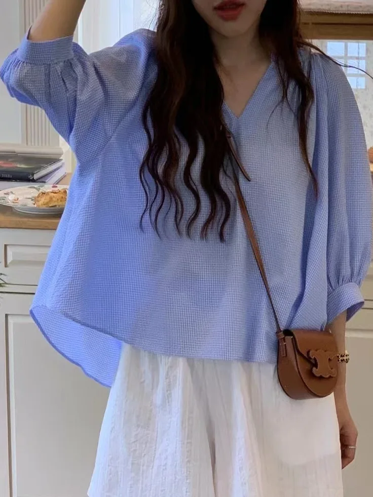 

Korean Lazy Sle V-Ne Bubble Sve irt Women Summer Texture Plaid Loose Slimming Versatile irt Commute Sle Loose Fit