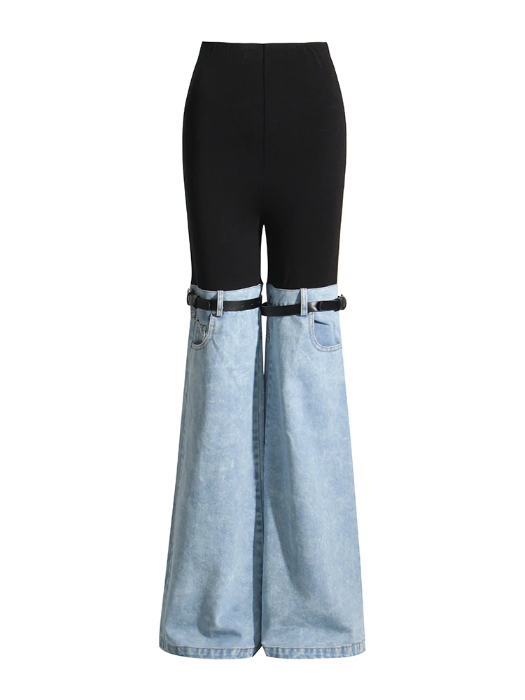 TWOTWINSTYLE Hit Color Patchwork Denim Trousers For Women High Wiast Spliced Pocket Temperament Wide Leg Pants Female Fashion