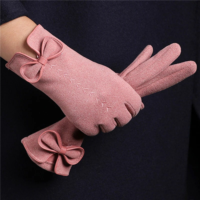 Women Gloves Cute Bow Embroidery Thin Plus Velvet Touch Screen Driving Mittens Winter Outdoor Cashmere Warm Cycling Gloves