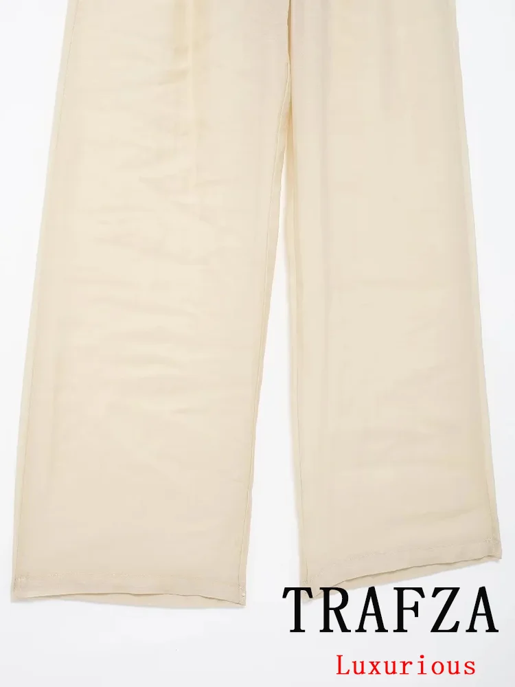 TRAFZA Vintage Office Lady Solid Women Suit V Neck Single Breasted Blazer Straight Loose Pants New Fashion 2024 Summer Sets