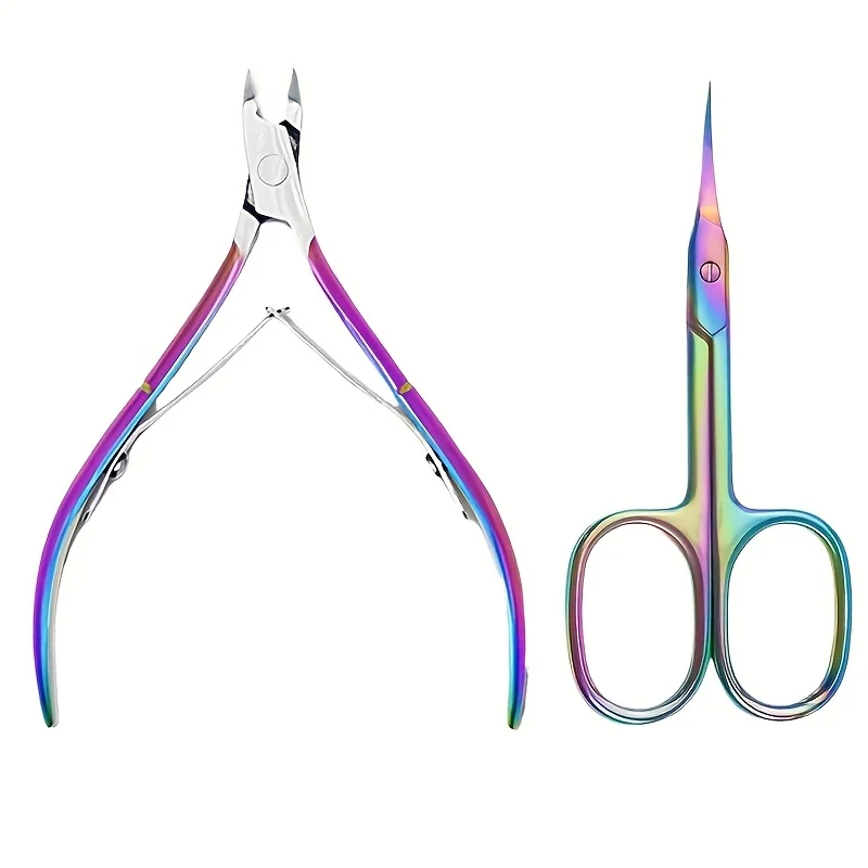 2pcs Set Color Titanium Stainless Steel Professional Nail Care Set Rainbow Manicure and Pedicure Kit Cuticle Nippers