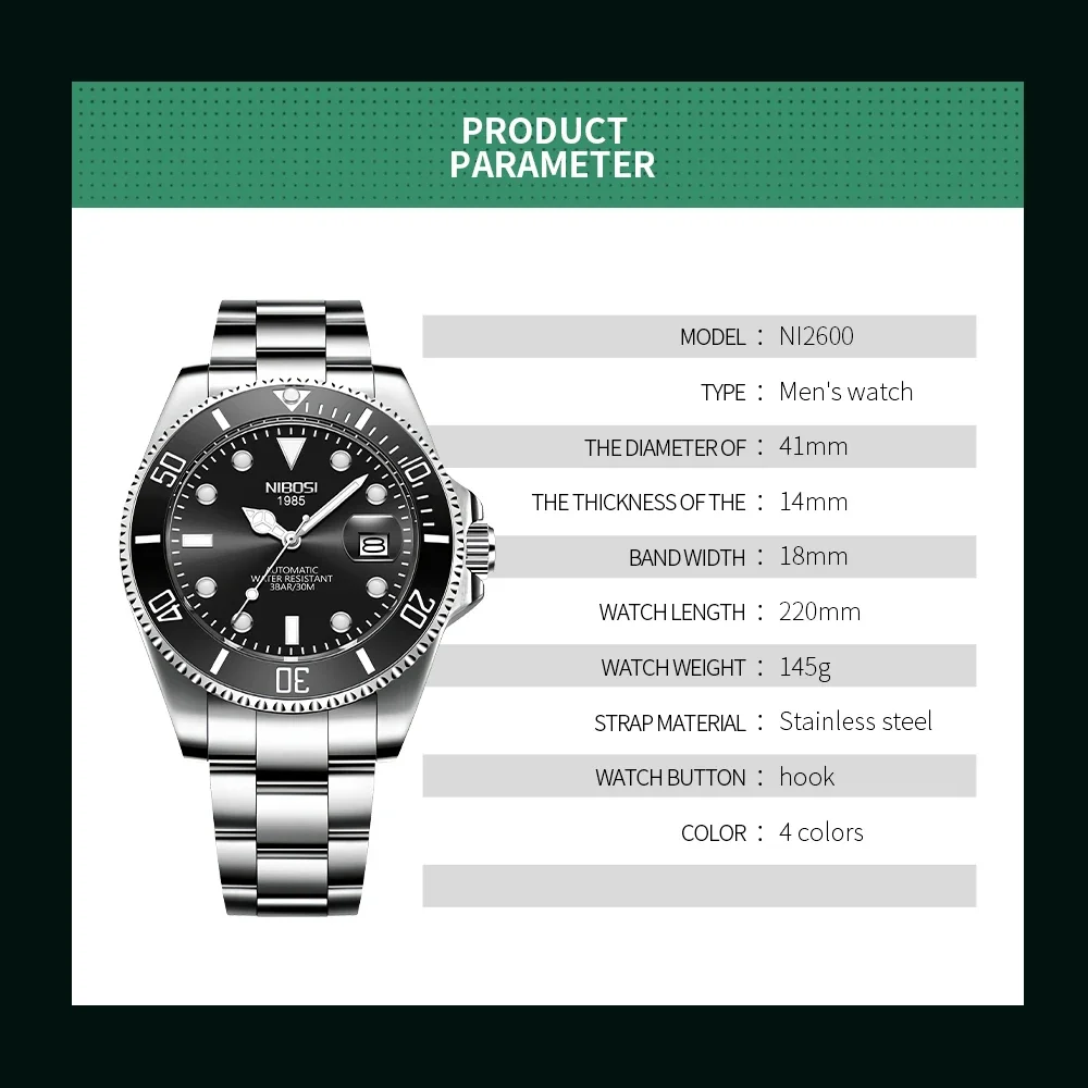 NIBOSI-ساعة أوتوماتيكية للرجال ، ساعة يد عسكرية ، ساعات ميكانيكية ، فولاذ مقاوم للصدأ ، مقاومة للماء ، تاريخ ، موضة